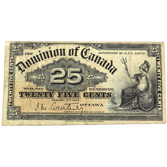 DC-15a 1900 Dominion of Canada 25-cent Shinplaster, Courtney, Very Fine (VF20) Tears