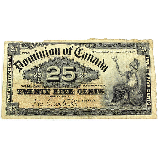 DC-15a 1900 Dominion of Canada 25-cent Shinplaster, Courtney, F-VF (F15) Damaged