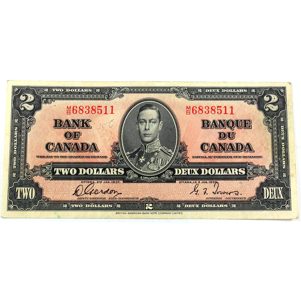 BC-22b 1937 Canada $2 Gordon-Towers, M/B, Very Fine (VF20) Tears, Writing or Impaired
