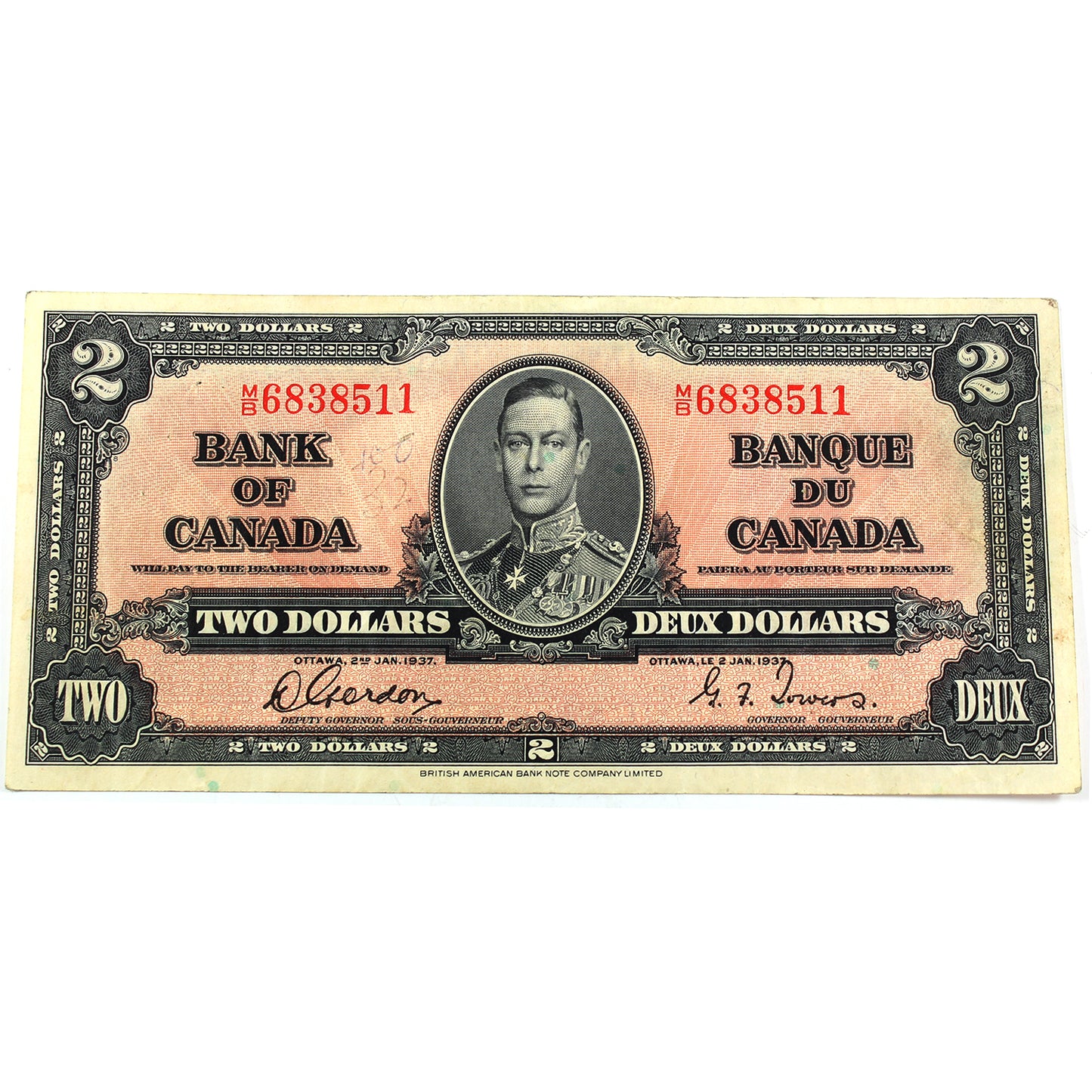 BC-22b 1937 Canada $2 Gordon-Towers, M/B, Very Fine (VF20) Tears, Writing or Impaired