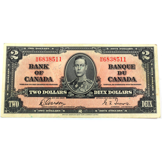 BC-22b 1937 Canada $2 Gordon-Towers, M/B, Very Fine (VF20) Tears, Writing or Impaired