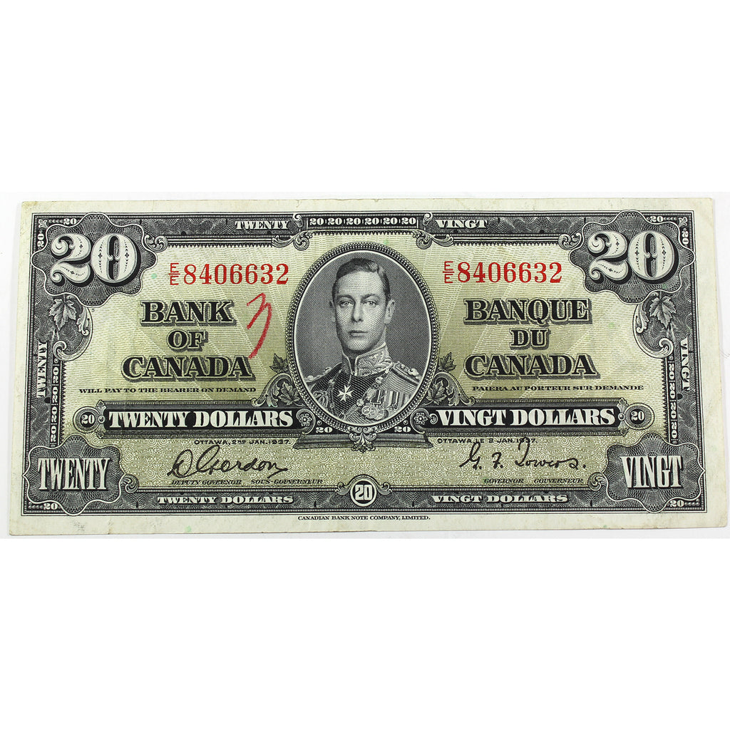 BC-25b 1937 Canada $20 Gordon-Towers, Various Prefixes, VF-EF (VF30) Damaged