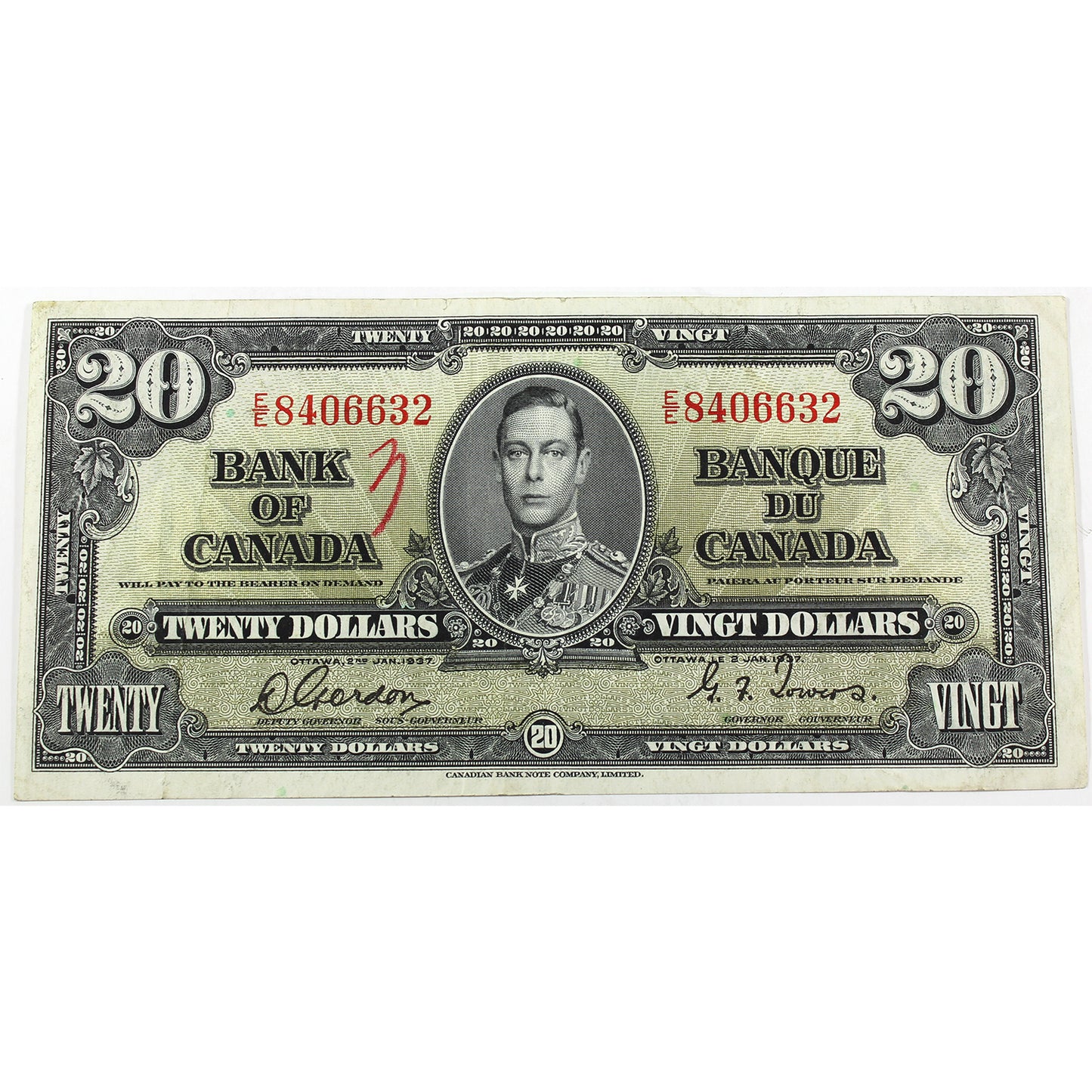 BC-25b 1937 Canada $20 Gordon-Towers, Various Prefixes, VF-EF (VF30) Damaged