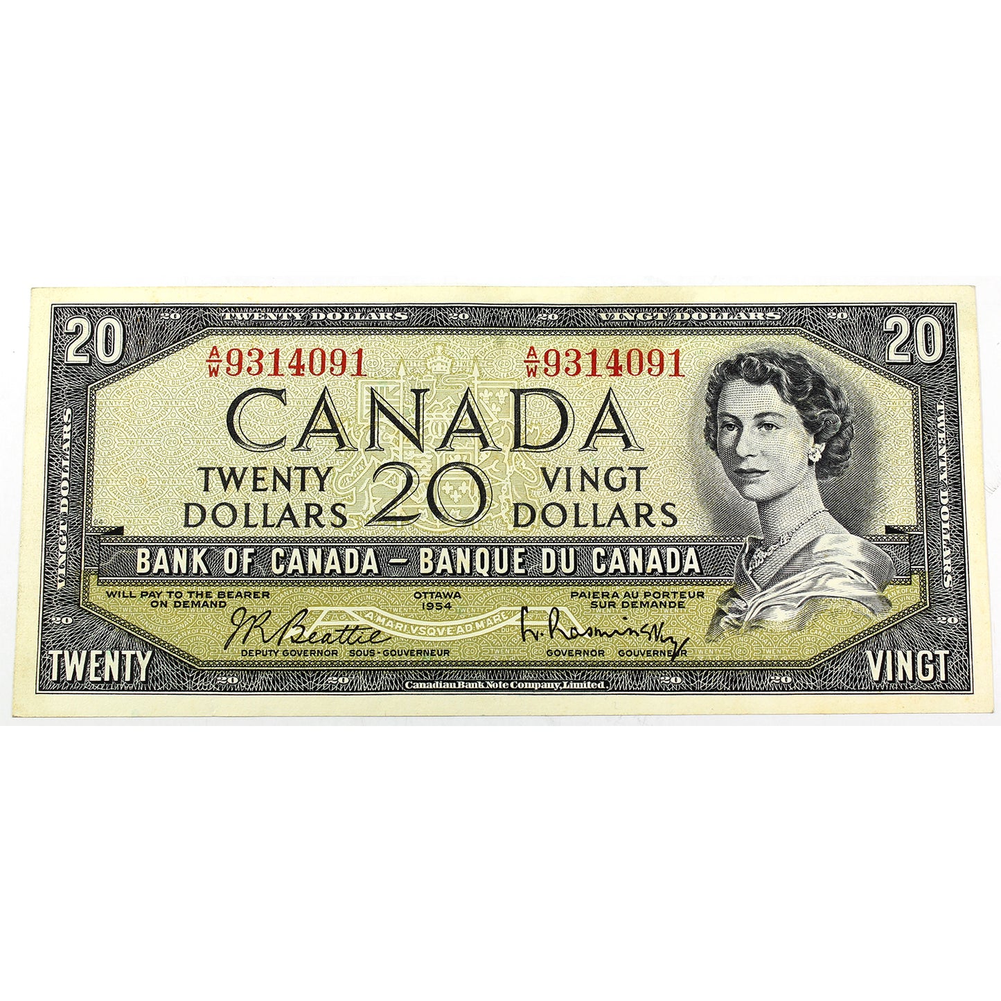 BC-41b 1954 Canada $20 Beattie-Rasminsky, A/W, AU-UNC (AU55) Stain