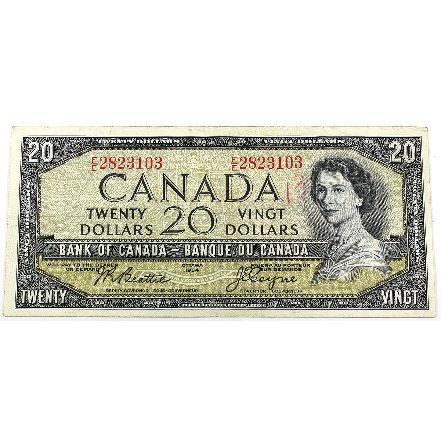 BC-41a 1954 Canada $20 Beattie-Coyne, F/E, VF-EF (VF30) Writing