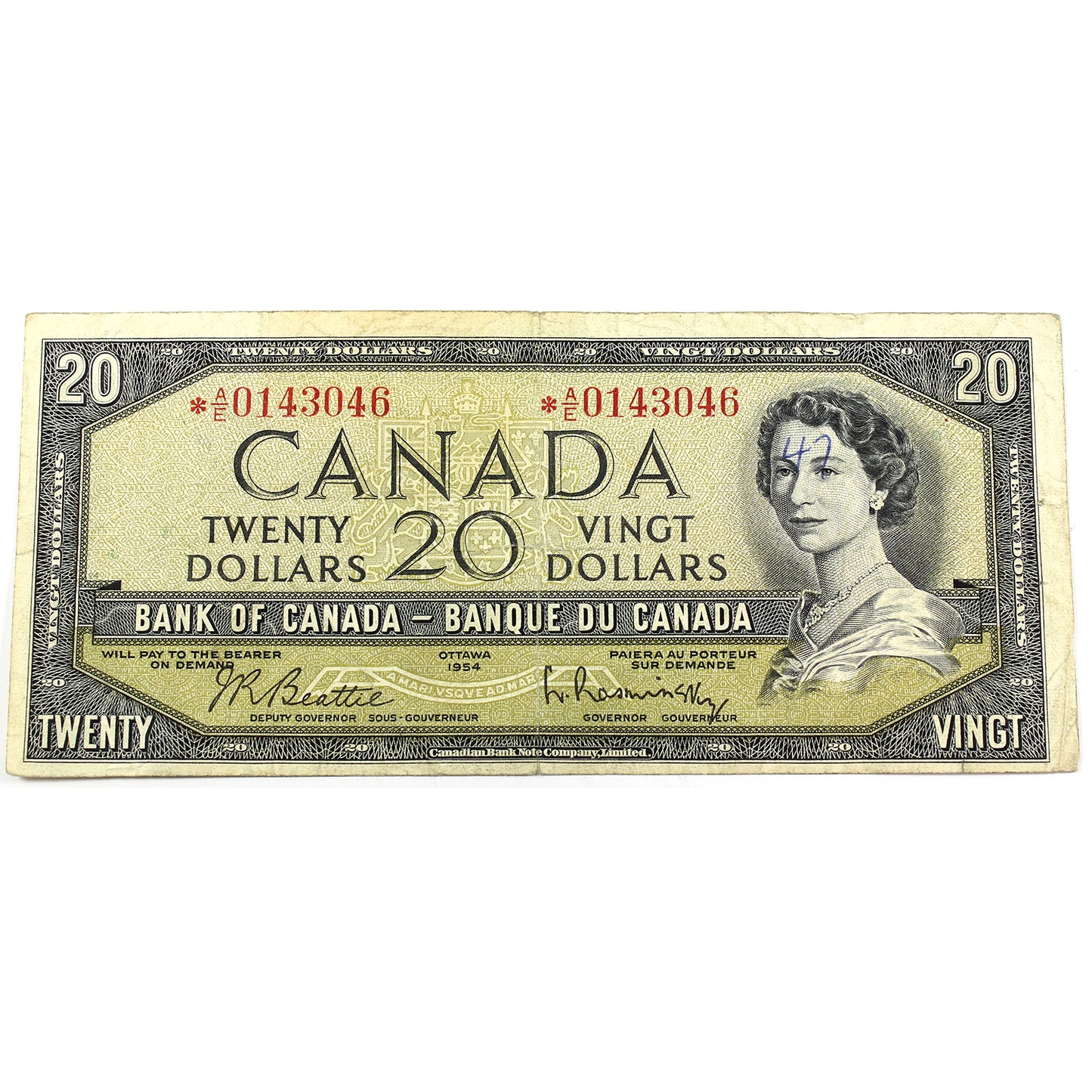 BC-41bA 1954 Canada $20 Beattie-Rasminsky, A/E, F-VF (F15) Writing