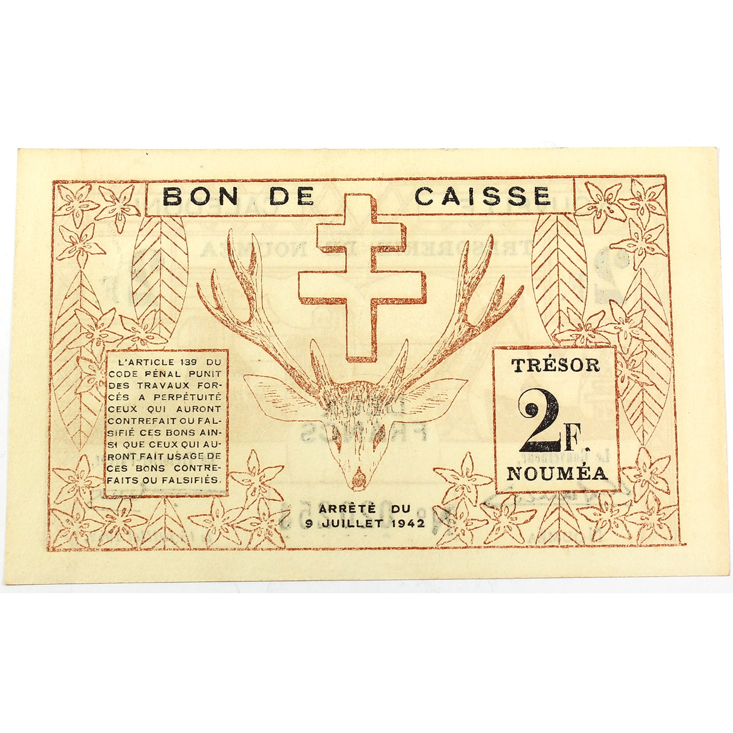 New Caledonia 1942 2 Franc Note, Pick #53
