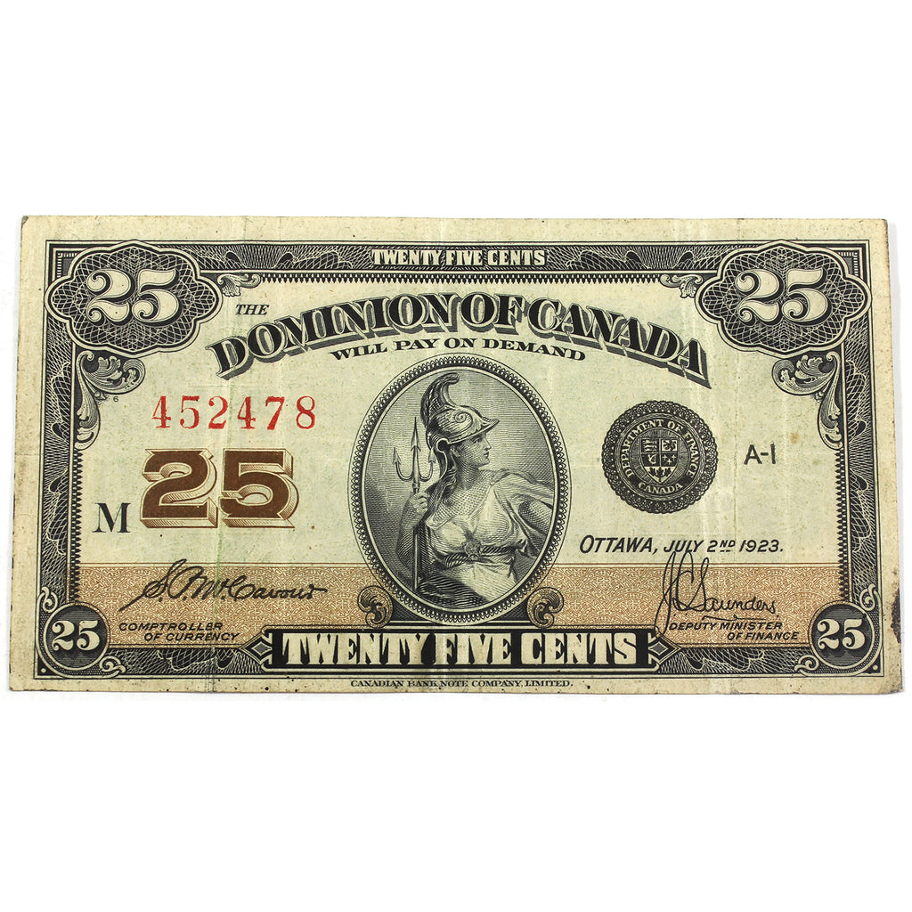 DC-24c 1923 Dominion of Canada 25-cent Shinplaster, McCavour, VF-EF (VF30) Stain