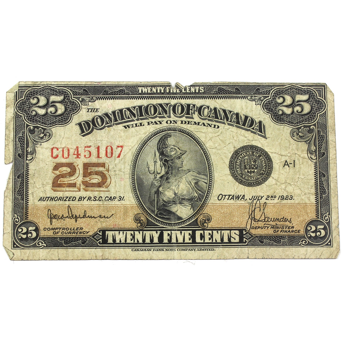 DC-24a 1923 Dominion of Canada 25-cent Shinplaster, Hyndman, Authorized, Fine, Damaged