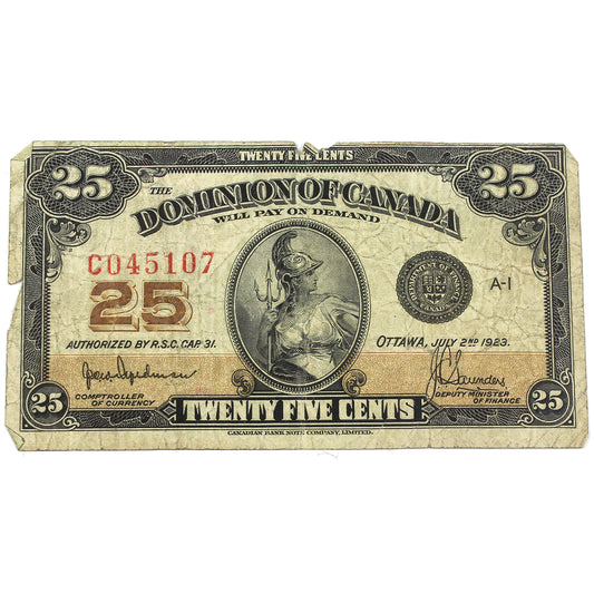 DC-24a 1923 Dominion of Canada 25-cent Shinplaster, Hyndman, Authorized, Fine, Damaged