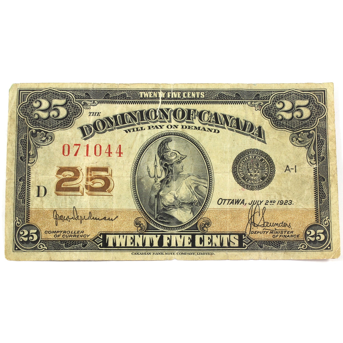 DC-24b 1923 Dominion of Canada 25-cent Shinplaster, Hyndman, No Authorized, Fine, Damaged