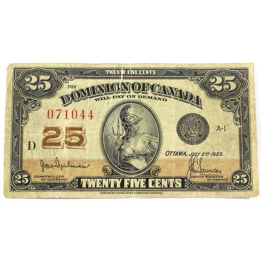 DC-24b 1923 Dominion of Canada 25-cent Shinplaster, Hyndman, No Authorized, Fine, Damaged