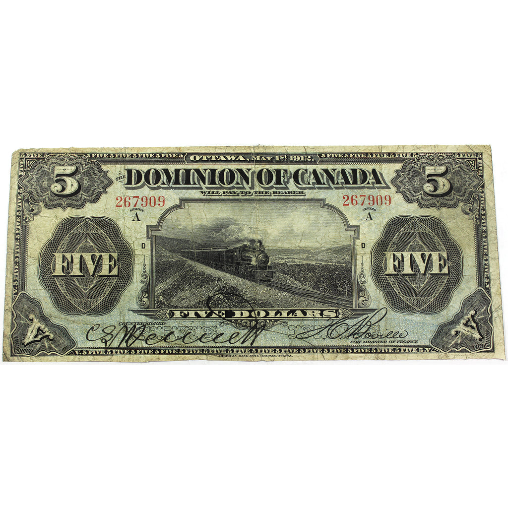 DC-21a 1912 Dominion of Canada $5 Boville, No Seal, F-VF (F15) Trim