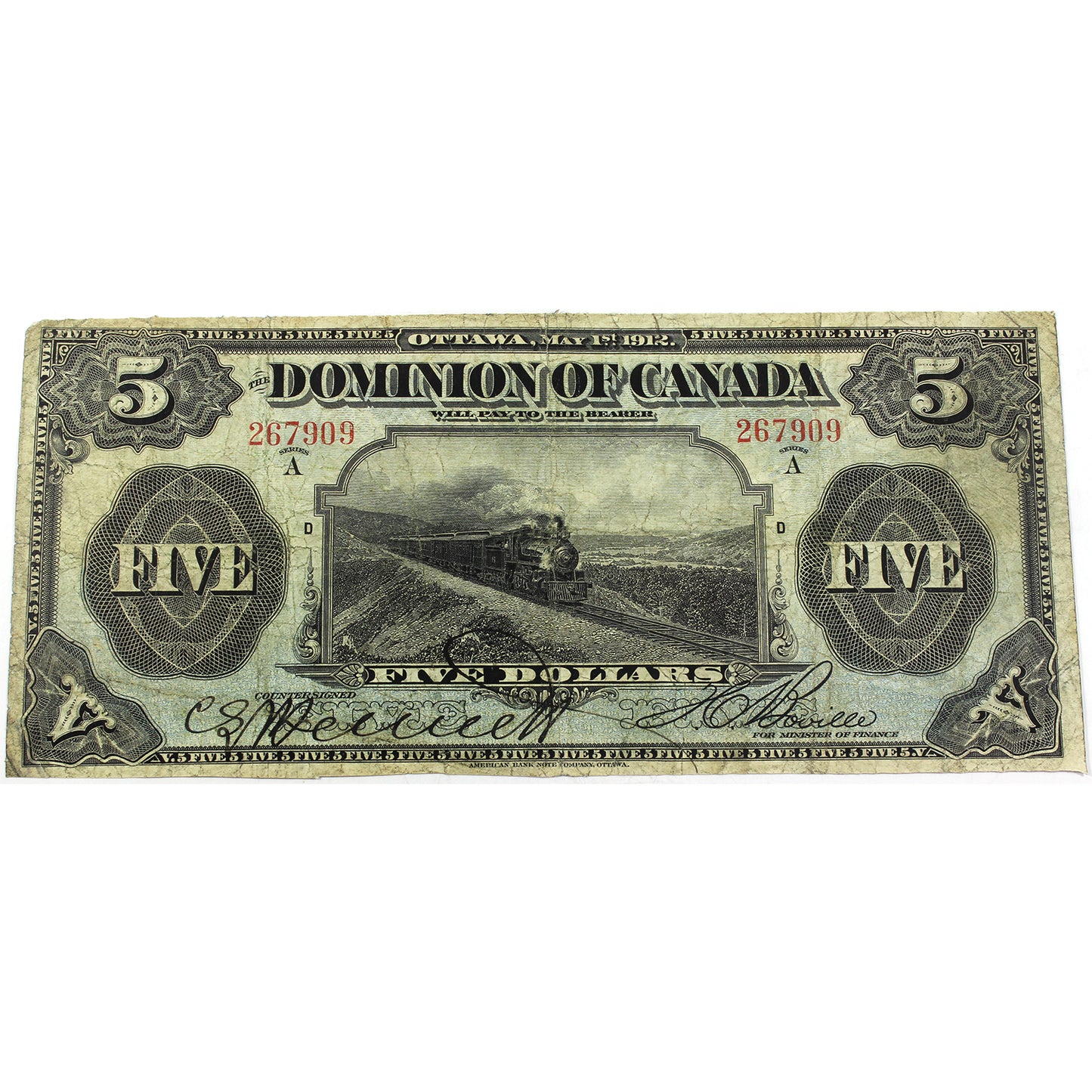 DC-21a 1912 Dominion of Canada $5 Boville, No Seal, F-VF (F15) Trim