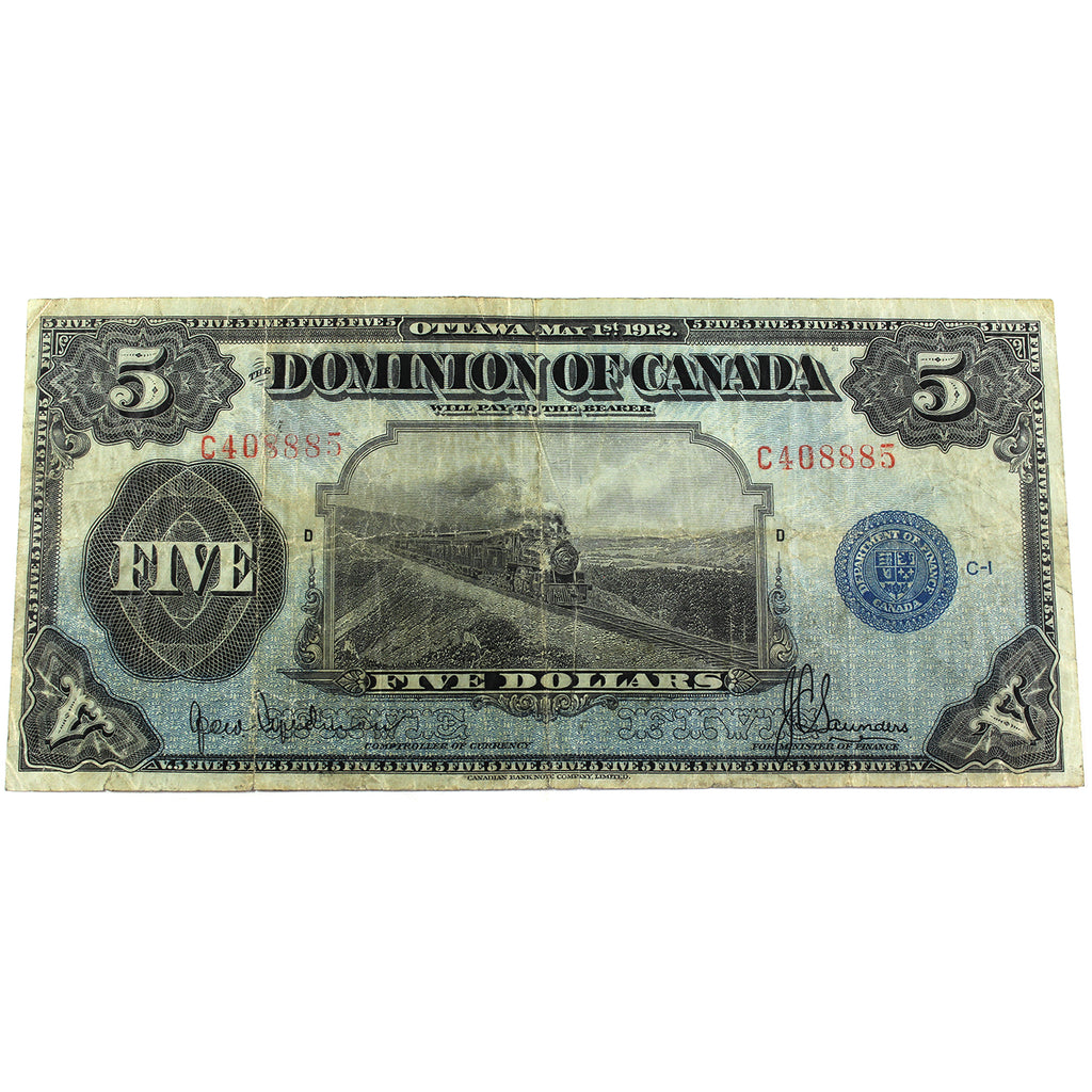 DC-21g 1912 Dominion of Canada $5 Saunders, Seal Only, Very Fine (VF20) Tears