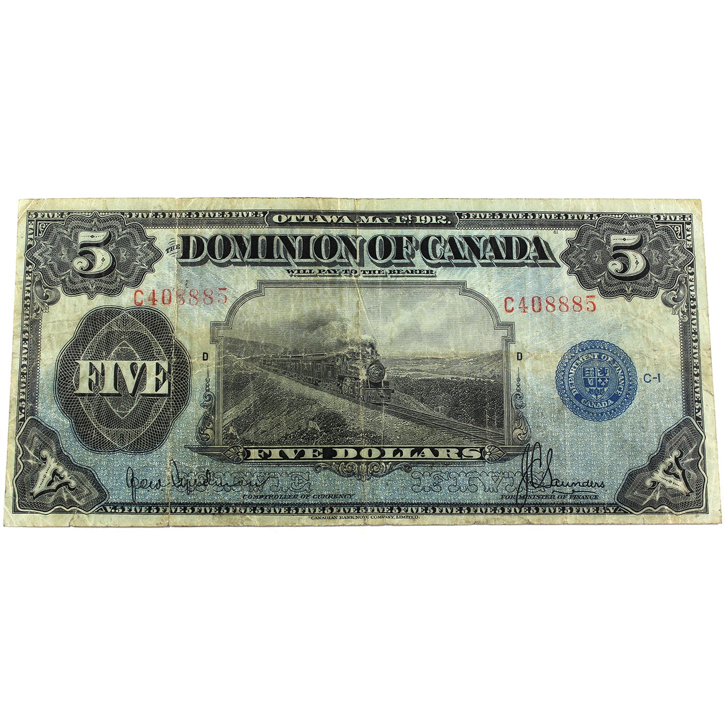 DC-21g 1912 Dominion of Canada $5 Saunders, Seal Only, Very Fine (VF20) Tears