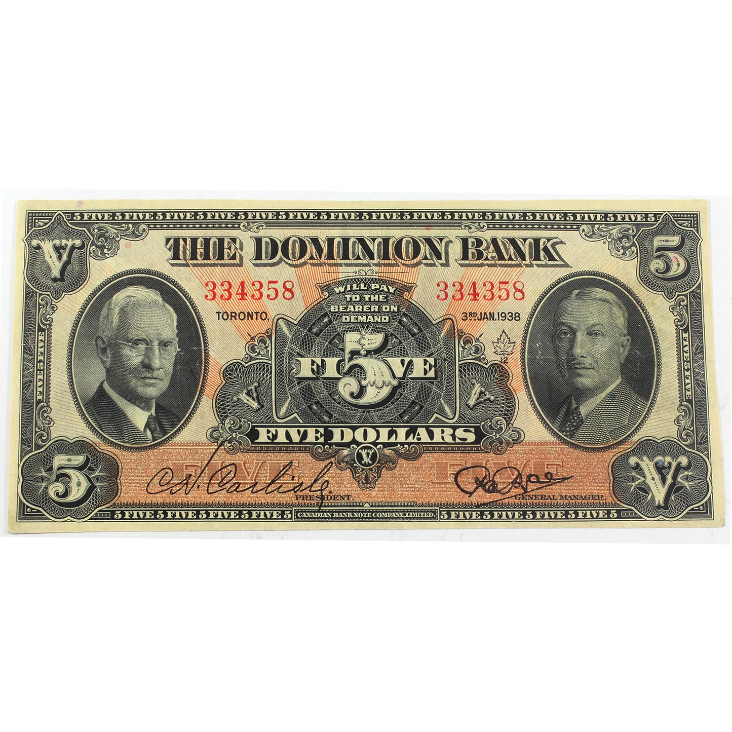220-28-02 1938 Dominion Bank $5 Carlisle-Rae, VF-EF (VF30) Trim