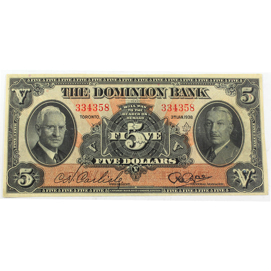 220-28-02 1938 Dominion Bank $5 Carlisle-Rae, VF-EF (VF30) Trim