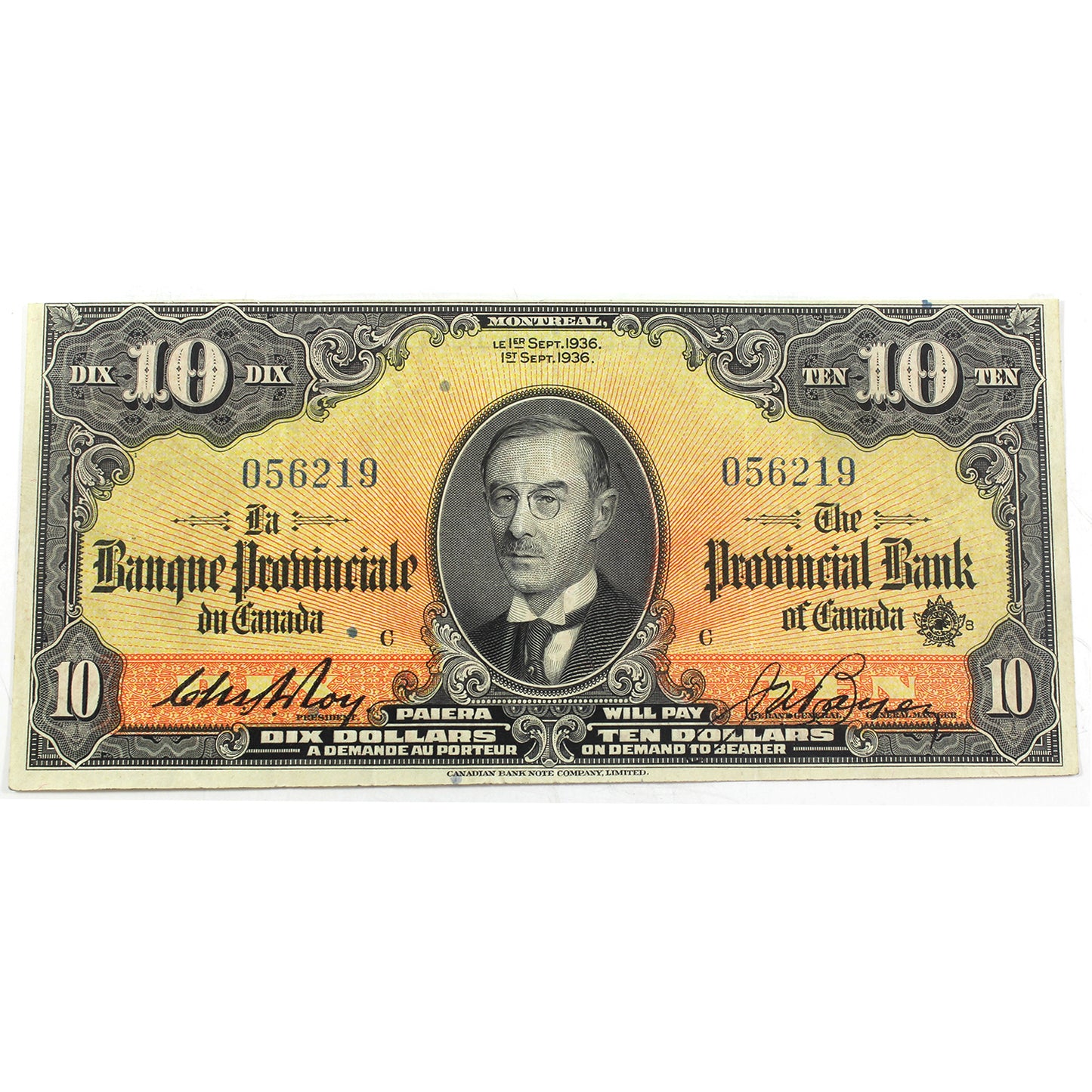 615-18-06 1936 Banque Provinciale du Canada $10 VF-EF (VF30) Trim