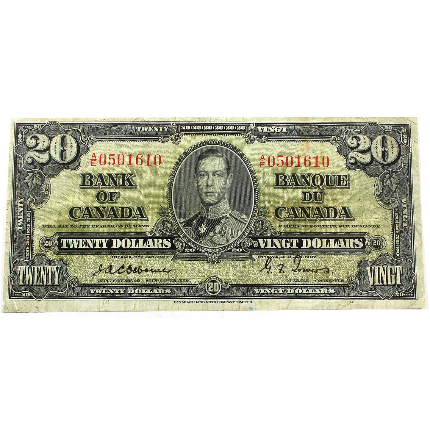 BC-25a 1937 Canada $20 Osborne-Towers, A/E. Very Fine (VF20) Trim