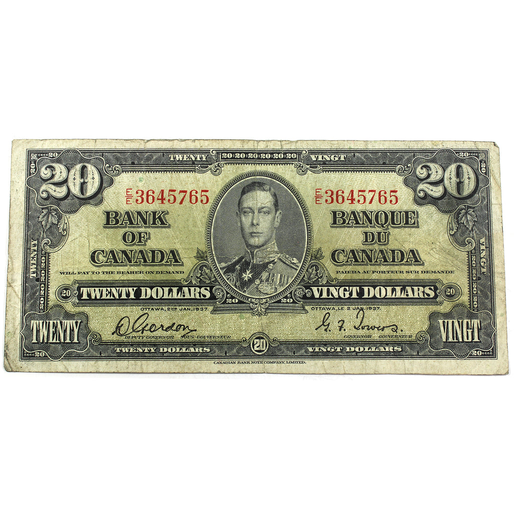 BC-25b 1937 Canada $20 Gordon-Towers, Various Prefixes, VG-F (VG10) Writing or damaged