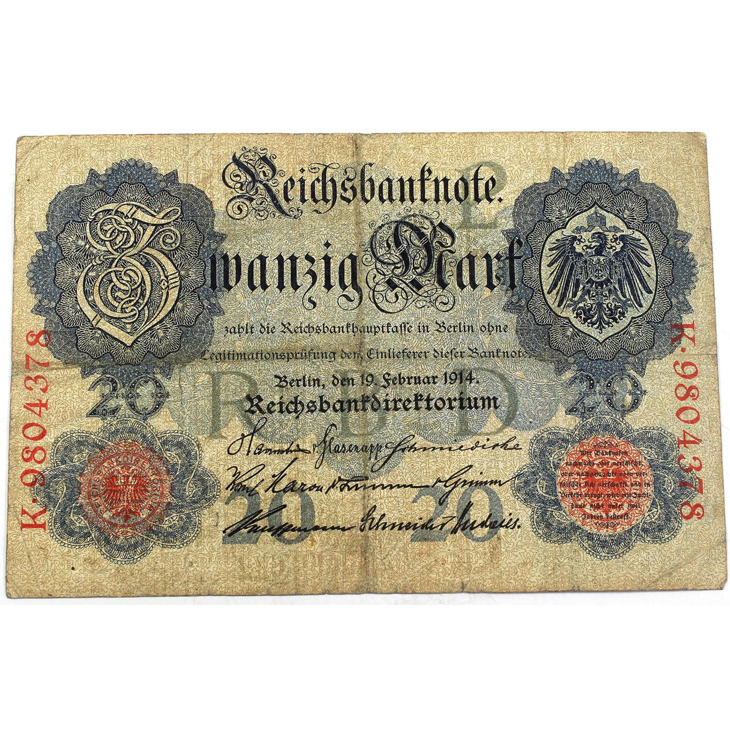 Germany 1914 20 Mark Note, 7 Digits 9804378, Pick #46 (DOP)