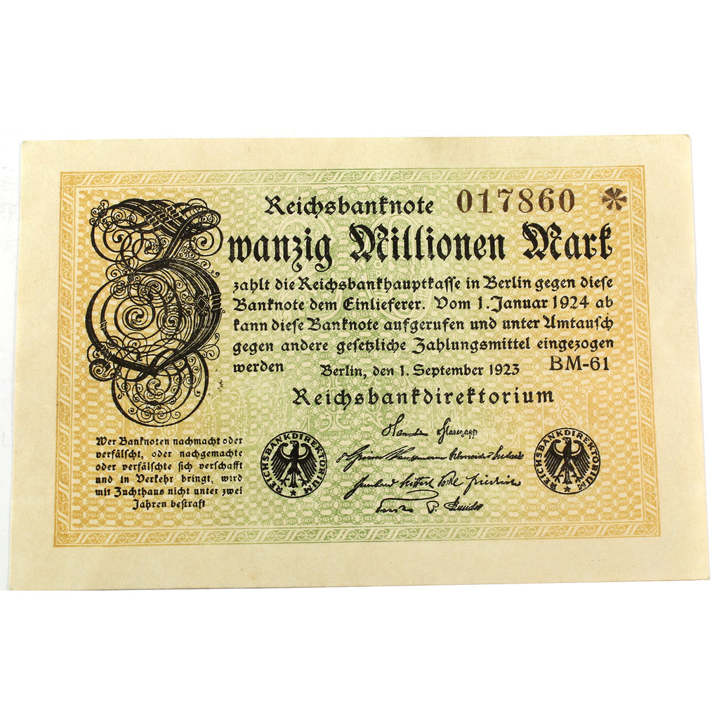 Germany 1923 20 Million Mark Note, Pick #108 (DOP)