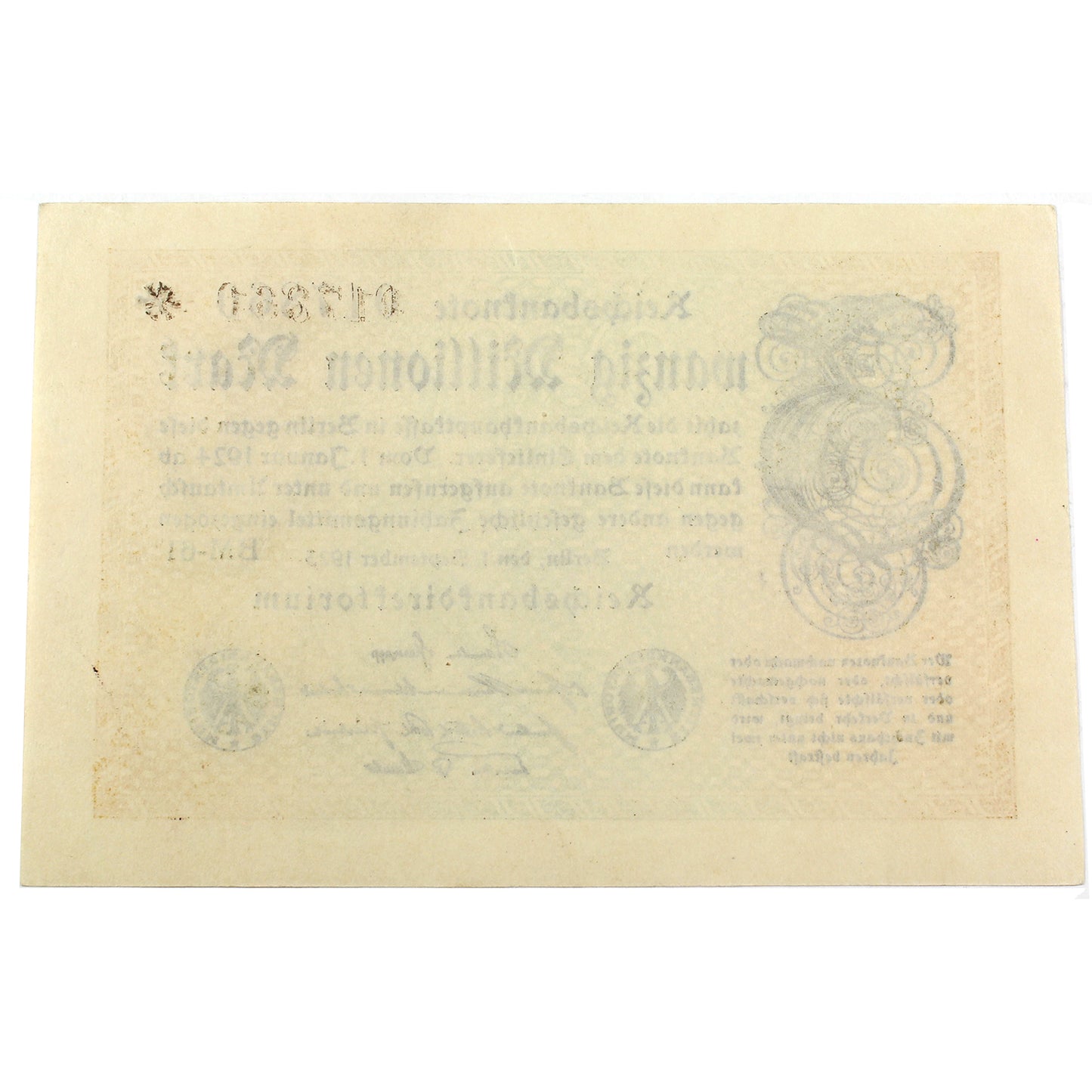Germany 1923 20 Million Mark Note, Pick #108 (DOP)