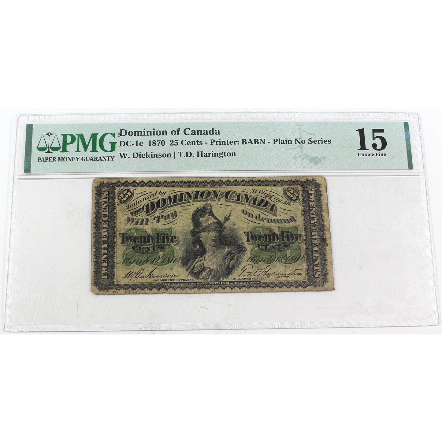 DC-1c 1870 Dominion 25-cent Shinplaster, Dickinson-Harington, PMG Cert. F15 (Rust)