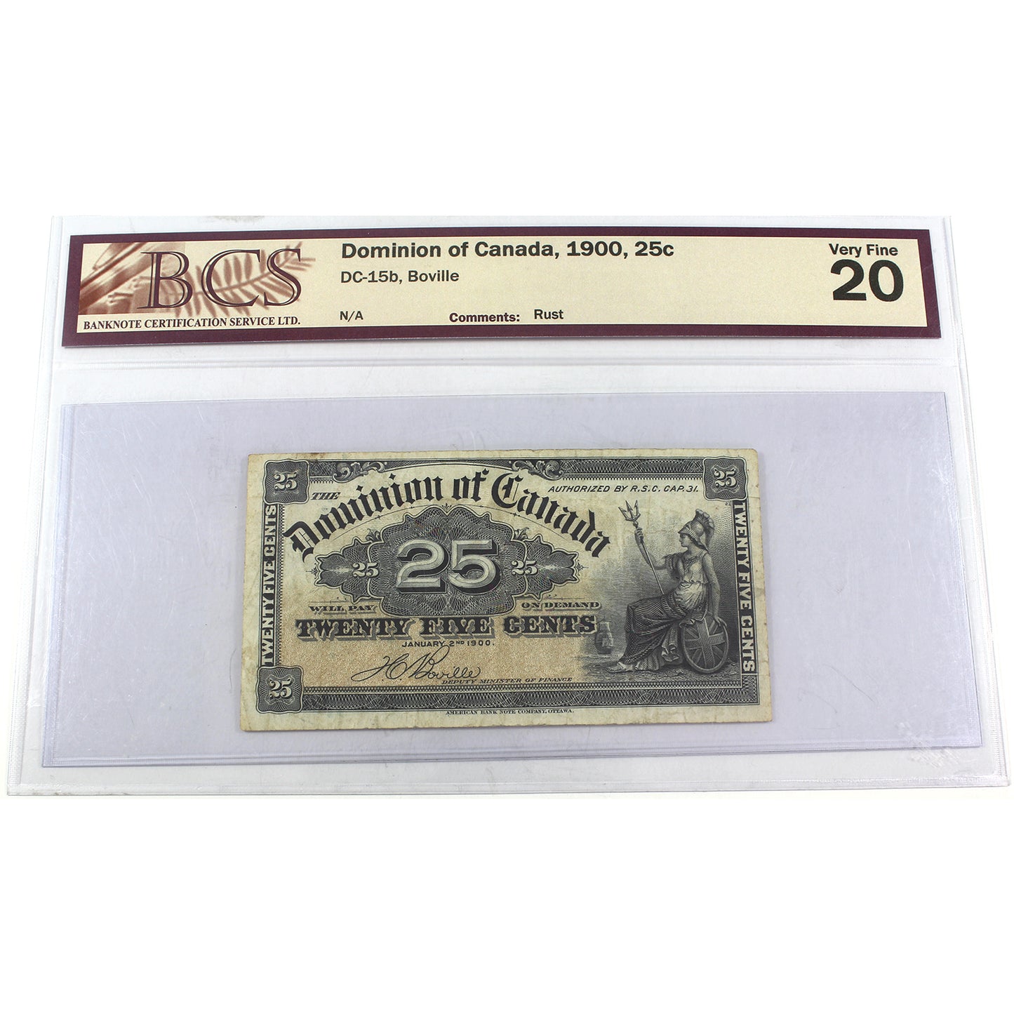 DC-15b 1900 Dominion 25-cent Shinplaster, Boville, BCS Certified VF20 (DOP)
