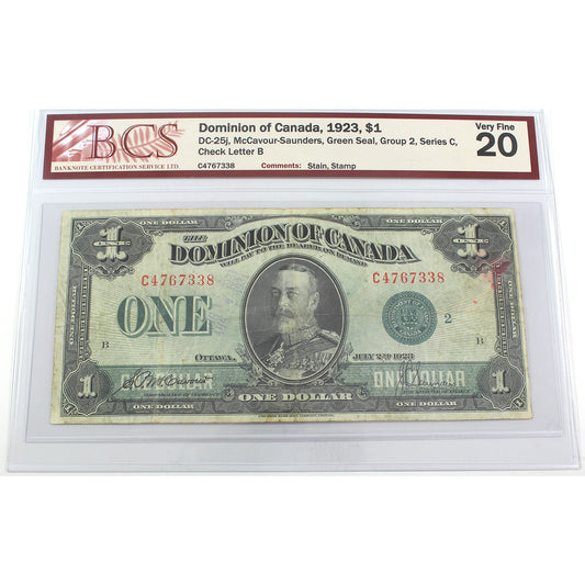 DC-25j 1923 Dominion $1 M-S, Green Seal, Group 2, C, Check B, BCS Cert. VF20 (Stain)