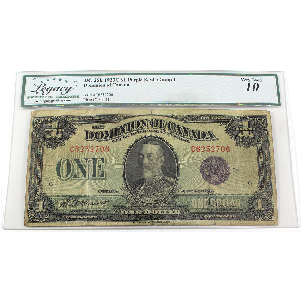 DC-25k 1923C Dominion $1 McCavour, Purple Seal, Group 1, Legacy Cert. VG10 (Minor Damage)