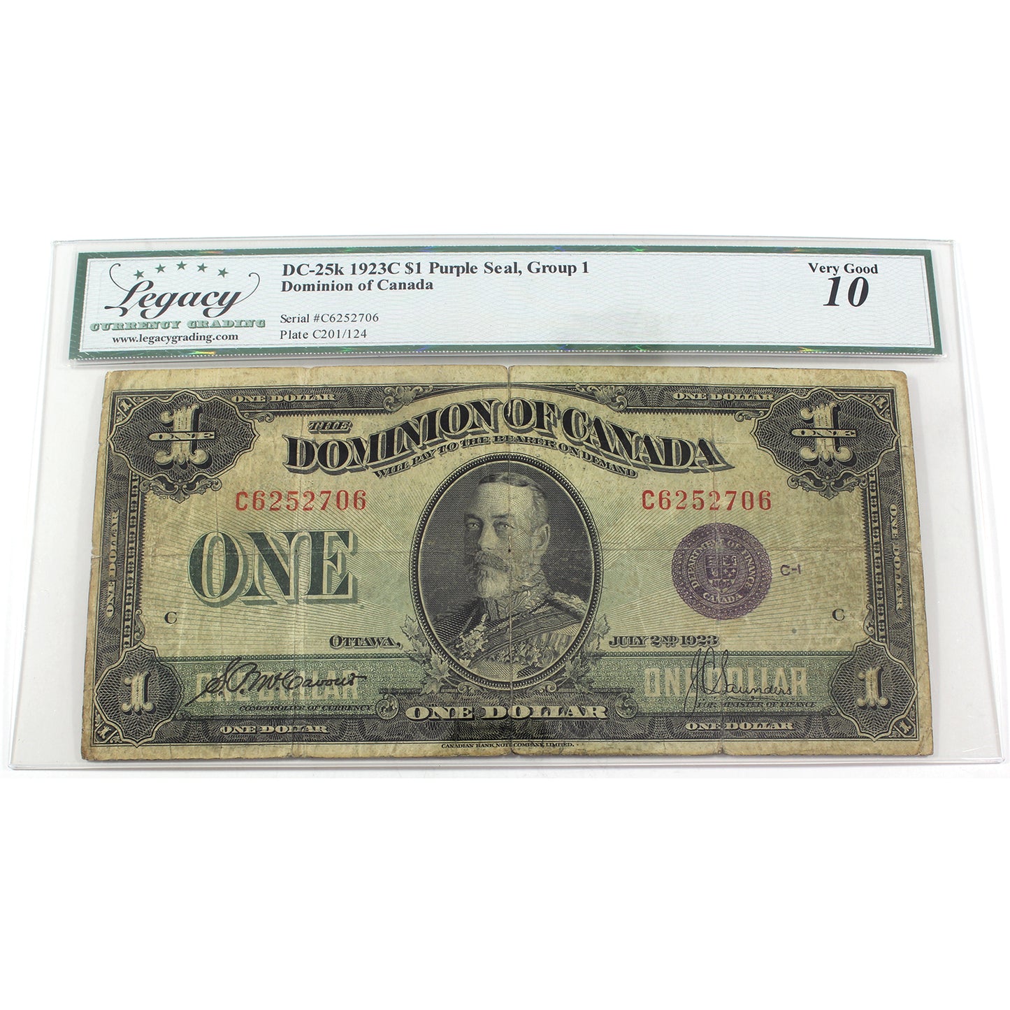 DC-25k 1923C Dominion $1 McCavour, Purple Seal, Group 1, Legacy Cert. VG10 (Minor Damage)