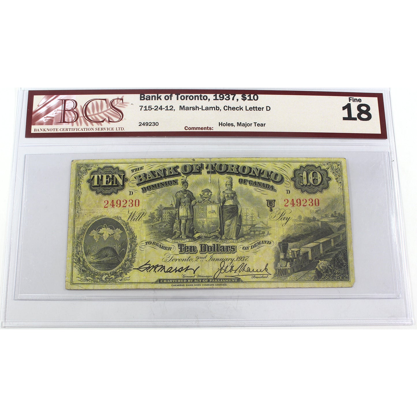 715-24-12 1937 Bank of Toronto $10 Marsh-Lamb, BCS Certified F18 (Holes, Tear)