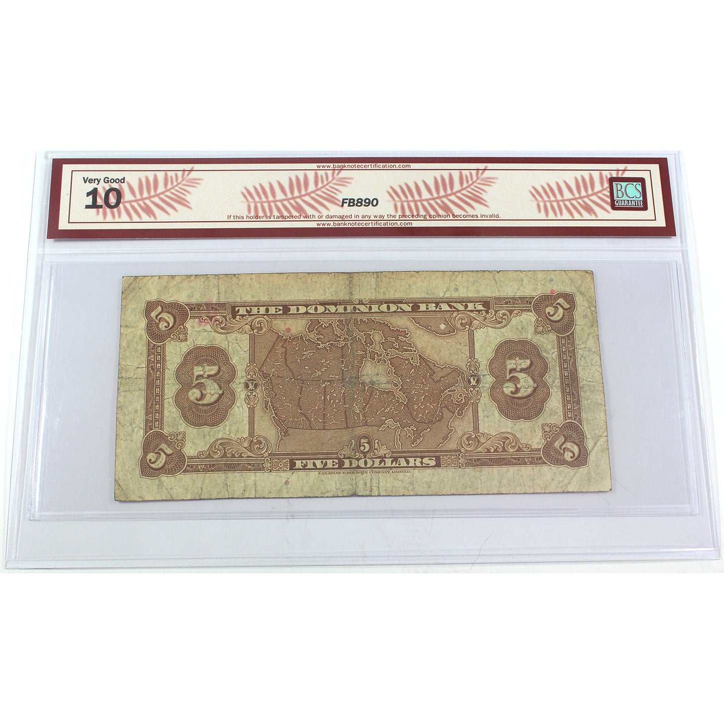 220-28-02 1938 Dominion Bank $5 Carlisle-Rae, BCS Certified VG10 (Hole, Writing)