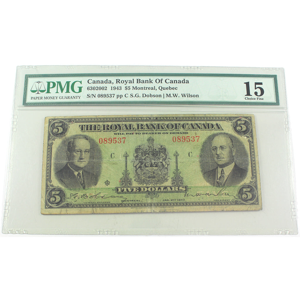 630-20-02 1943 Royal Bank of Canada $5 Dobson-Wilson, PMG Certified F15 (DOP)