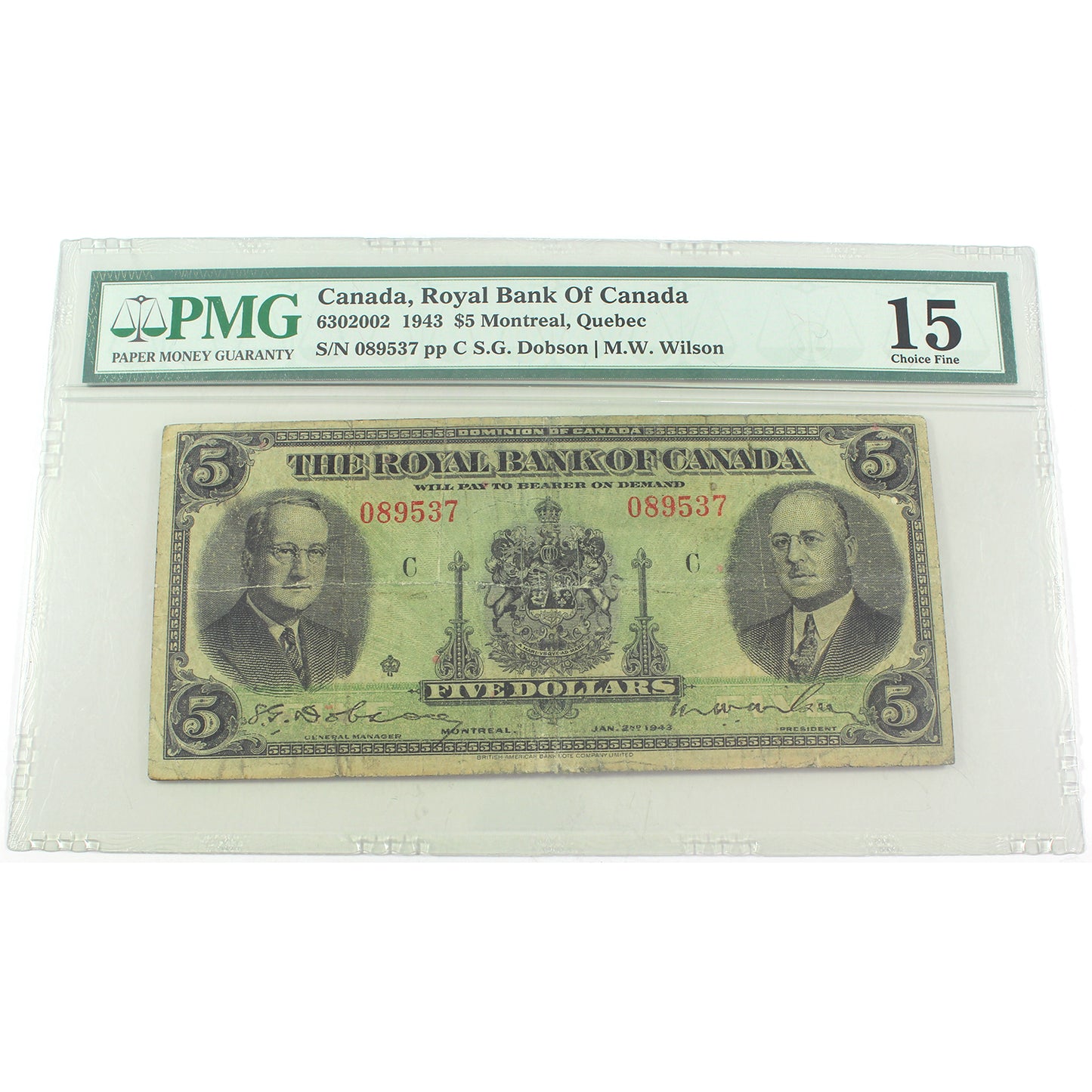 630-20-02 1943 Royal Bank of Canada $5 Dobson-Wilson, PMG Certified F15 (DOP)