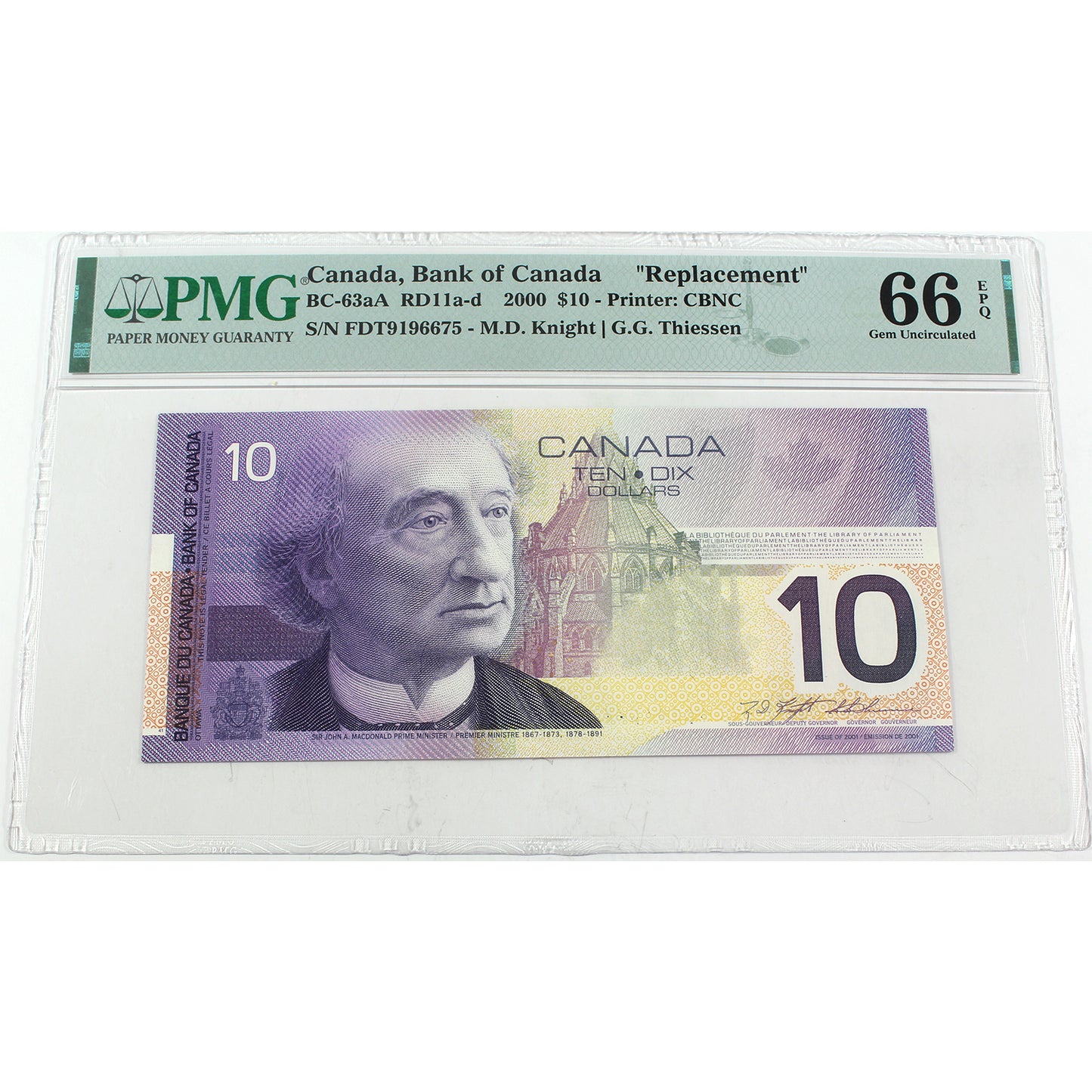 BC-63aA 2000 Canada $10 Knight-Thiessen Replacement, FDT, PMG Certified GUNC66 (DOP)