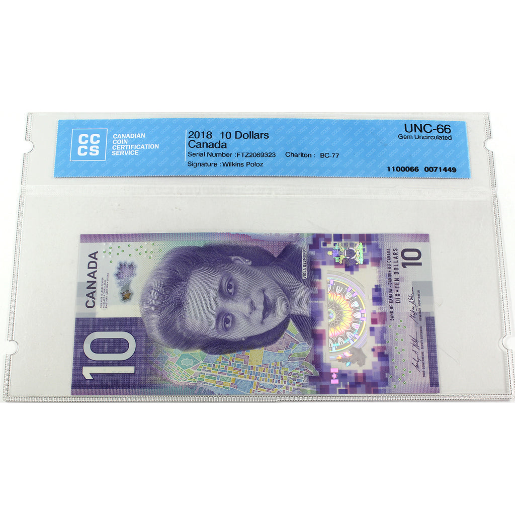 BC-77 2018 Canada $10 Wilkins-Poloz, FTZ, CCCS Certified GUNC66 (DOP)