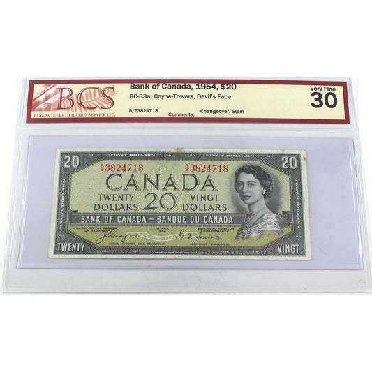 BC-33a 1954 Canada $20 Coyne-Towers, Changeover, B/E, BCS Certified VF30 (Stain)