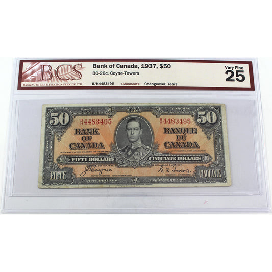BC-26c 1937 Canada $50 Coyne-Towers, Changeover, B/H, BCS Certified VF25 (Tears)