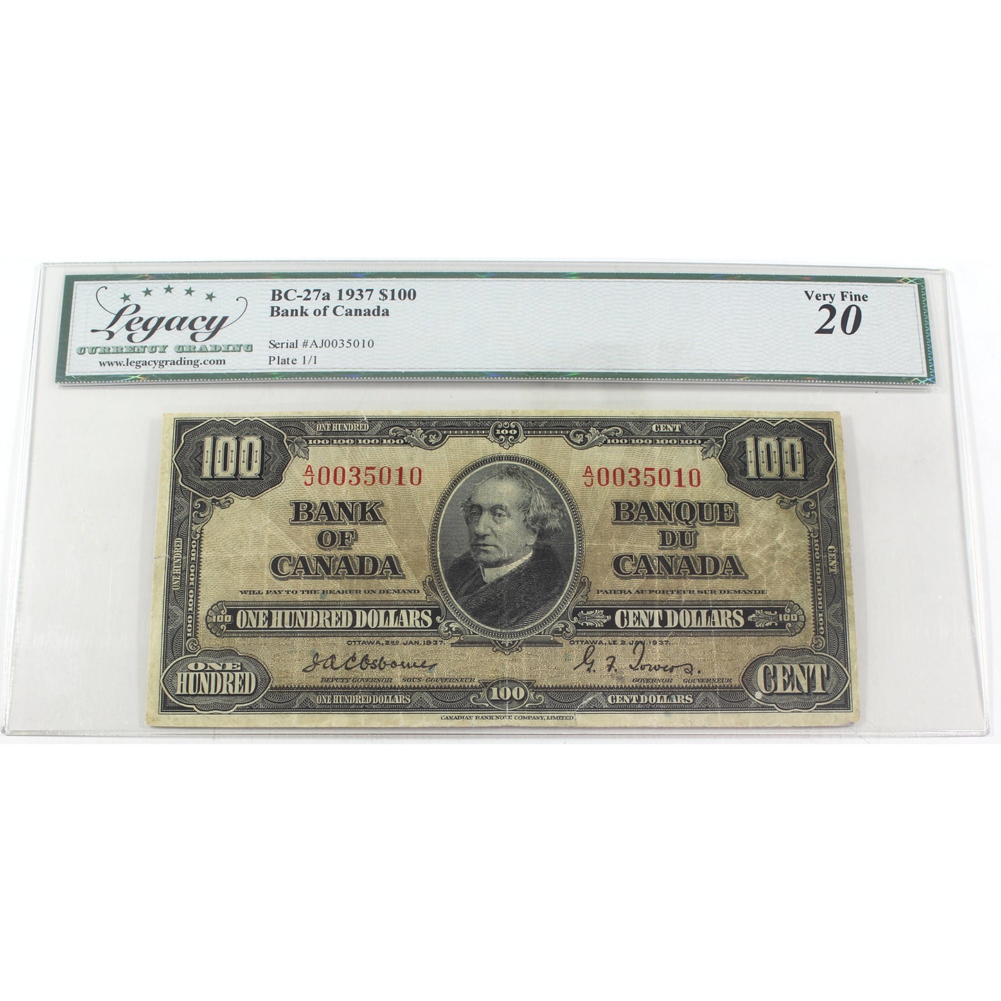 BC-27a 1937 Canada $100 Osborne-Towers, A/J, Legacy Certified VF20 Plate 1/1 (Damage)