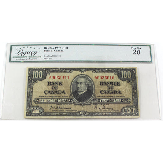 BC-27a 1937 Canada $100 Osborne-Towers, A/J, Legacy Certified VF20 Plate 1/1 (Damage)