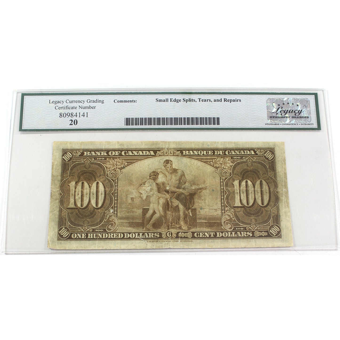 BC-27a 1937 Canada $100 Osborne-Towers, A/J, Legacy Certified VF20 Plate 1/1 (Damage)