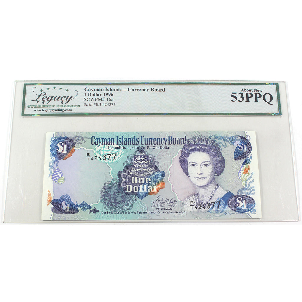 Cayman Islands 1996 1 Dollar Note, Pick #16a, Legacy Certified AU53 PPQ (DOP)