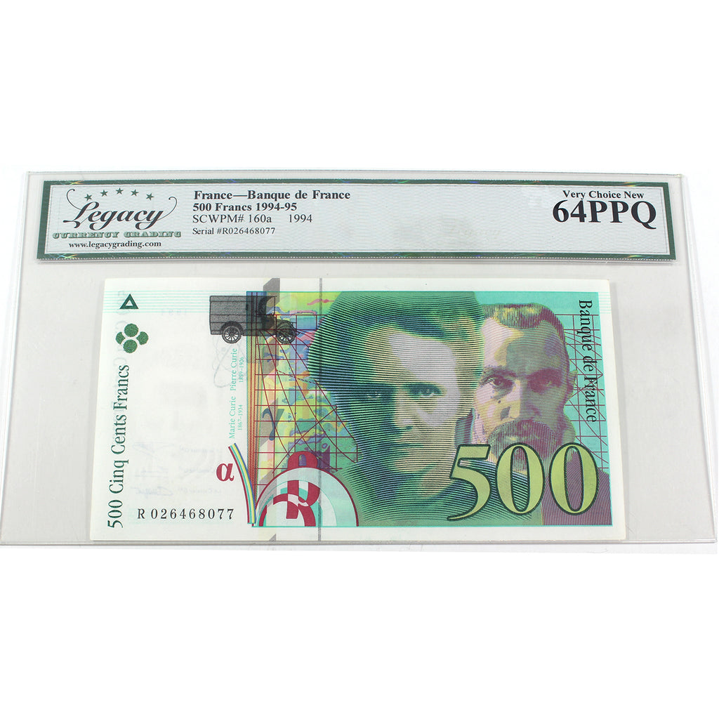 France 1994-1995 500 Franc Note, Pick #160a, Legacy Certified CUNC64 PPQ (DOP)