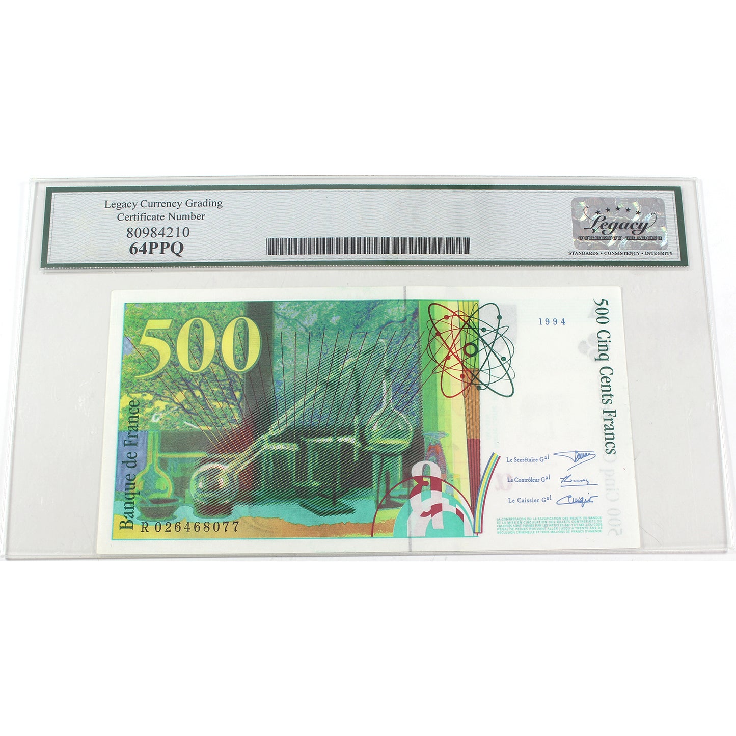 France 1994-1995 500 Franc Note, Pick #160a, Legacy Certified CUNC64 PPQ (DOP)