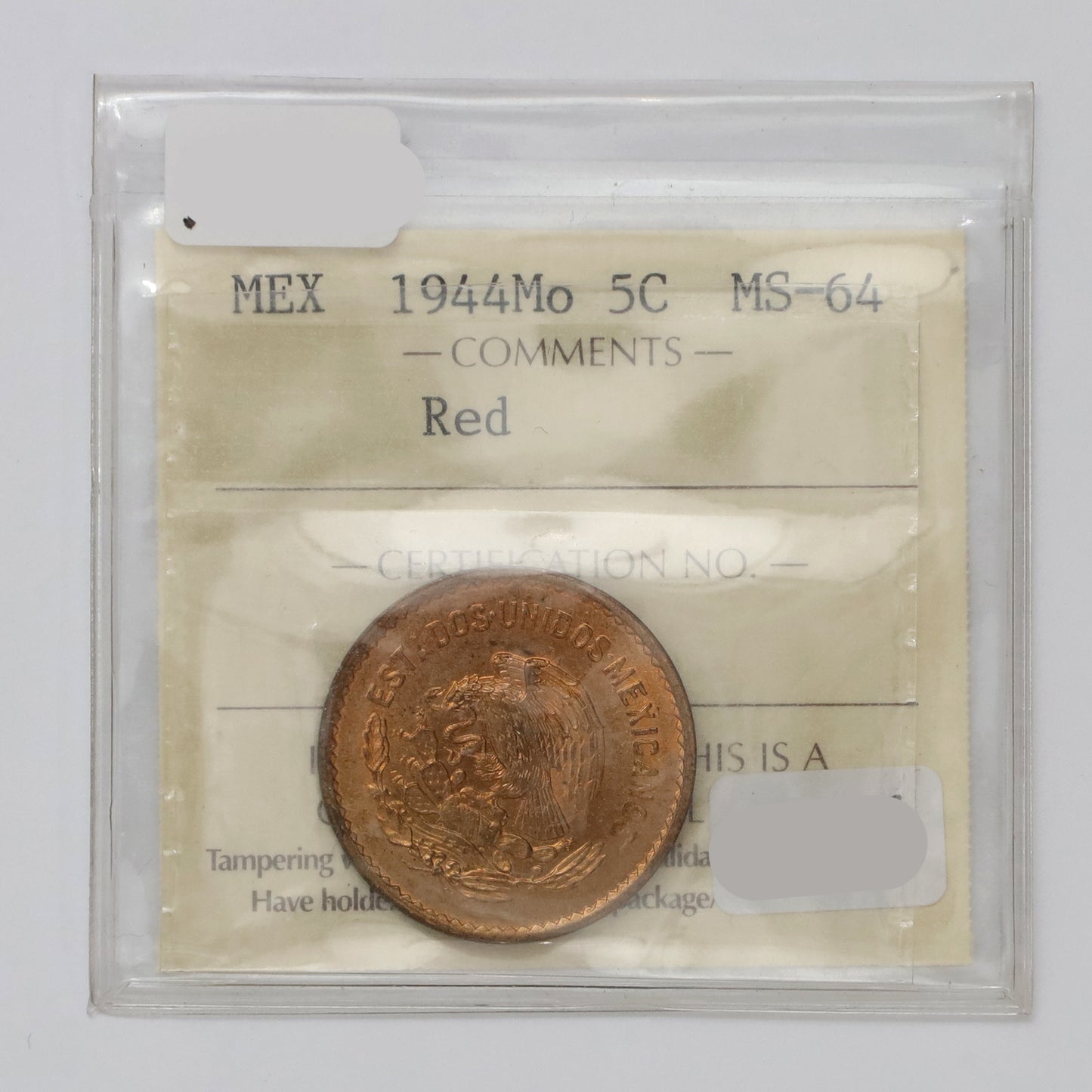 Mexico 1944 5 Centavos ICCS Certified MS64 Red