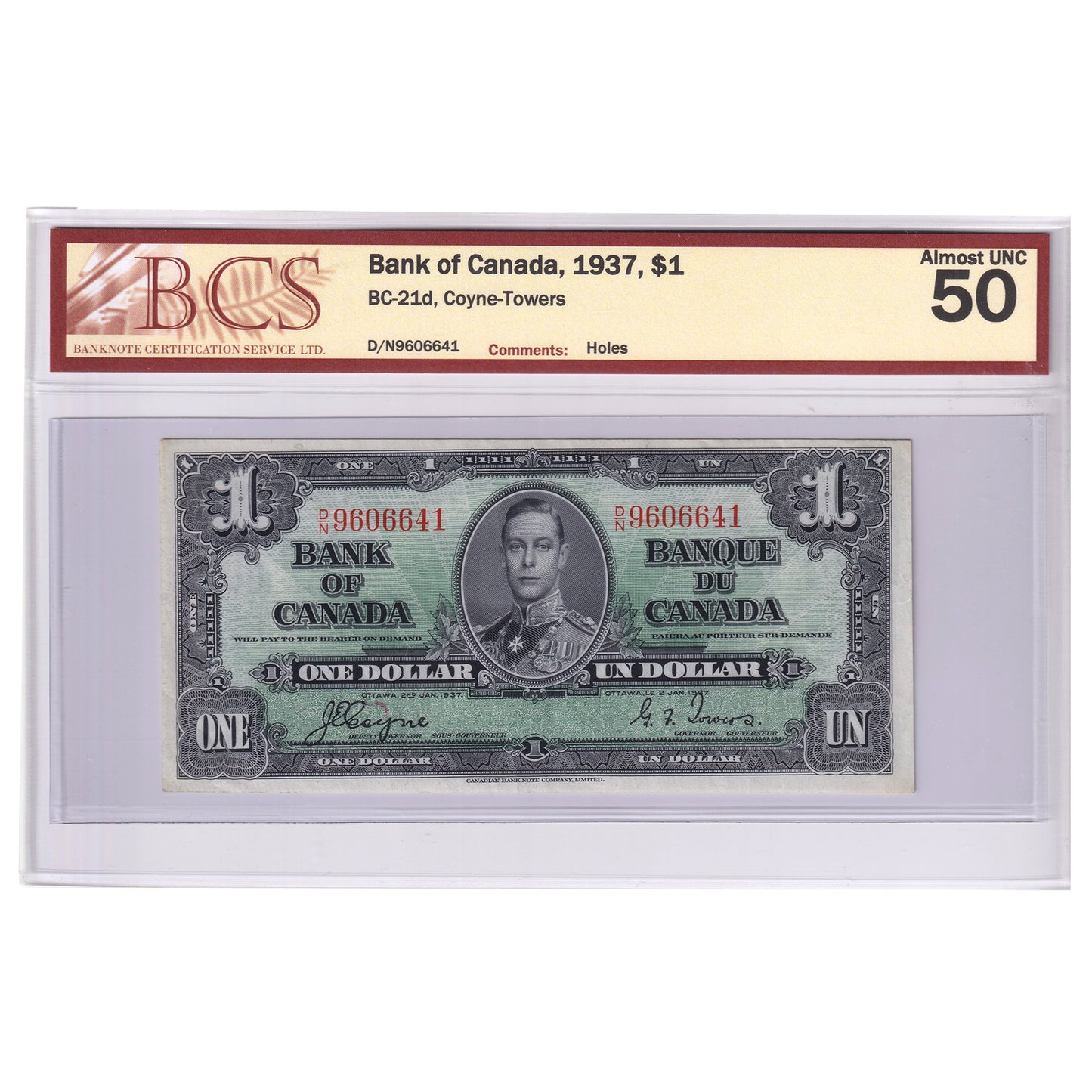 BC-21d 1937 Canada $1 Coyne-Towers, D/N, BCS Certified AU50 Holes