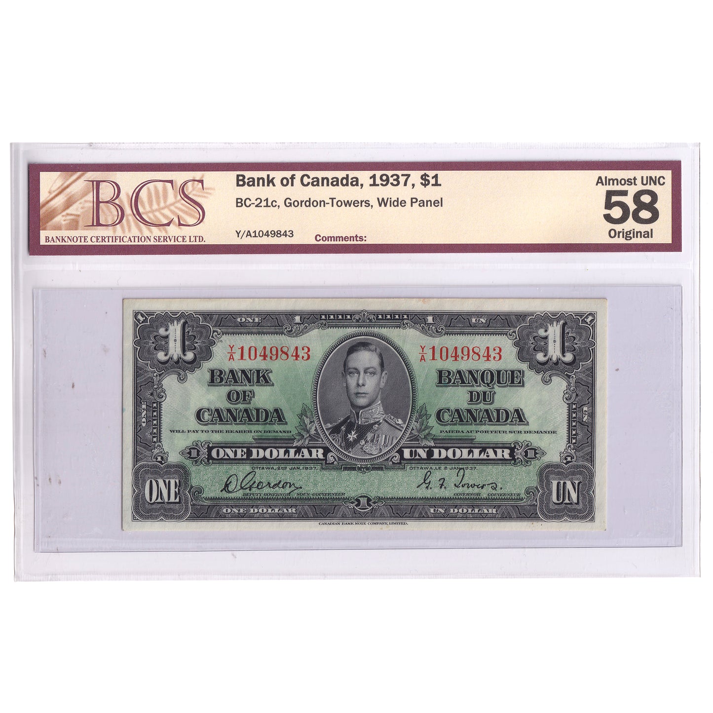 BC-21c 1937 Canada $1 Gordon-Towers, Wide Panel, Y/A, BCS Certified AU58 Original (DOP)